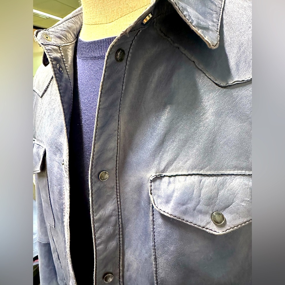 Men's Blue Leather Shirt Jacket Vintage Style Dyed